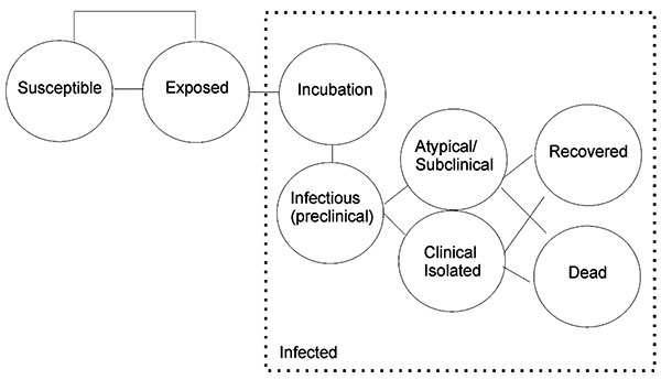 Markov model simulating a stochastic simulation of epidemics approach for an outbreak in a hospital institution.