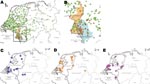 Thumbnail of Distribution of clonal complex 41/44 Neisseria meningitidis strains in Germany and the Netherlands during 2001–2006 with positively associated multiple-locus variable-number tandem repeat analysis (MLVA) and multilocus sequence types (MLST). A) Distribution of MLVA type (MT) 19/MLST (ST) 42 strains (red triangles). Full green circles represent non–MT19/ST42 strains. Black rectangle delineates the area magnified in panel B. B) Area encompassing Limburg (orange shading) and Greater Aa