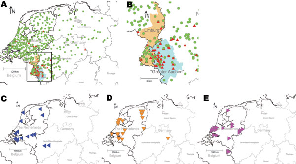 Distribution of clonal complex 41/44 Neisseria meningitidis strains in Germany and the Netherlands during 2001–2006 with positively associated multiple-locus variable-number tandem repeat analysis (MLVA) and multilocus sequence types (MLST). A) Distribution of MLVA type (MT) 19/MLST (ST) 42 strains (red triangles). Full green circles represent non–MT19/ST42 strains. Black rectangle delineates the area magnified in panel B. B) Area encompassing Limburg (orange shading) and Greater Aachen (blue sh