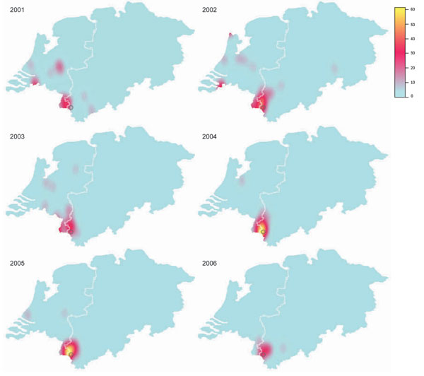 Yearwise spatial distribution of MT19/ST42 strains within the study region in Germany during 2001–2006. Color-coded values represent estimates of the intensity function underlying the point pattern data. Gray circle marks the city of Aachen; the white line represents the border between the Netherlands and Germany.