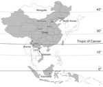 Thumbnail of Location of new Banna viruses (BAVs) isolated in China (red triangles) and previously reported BAV isolation sites (black triangles). Countries reporting isolation of BAV are shaded. The names of the countries that are contiguous with BAV isolation sites are labeled. BAV distribution sites in Indonesia, Vietnam, and part of China are located in tropical zones, which lie predominantly between the Tropic of Cancer and the equator. Most BAV distribution sites in China in the area from