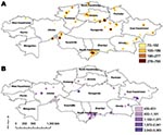 Thumbnail of Kernel density estimates of anthrax outbreaks in cattle (A) and sheep (B), Kazakhstan, 1937–2005. Color shading represents SD values relative to density values from the kernel density estimate analysis for each species.