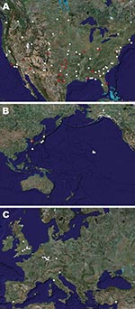 Thumbnail of Locations of military sites that received US Air Force basic military training graduates for secondary training in North America (A), the Pacific region (B), and Europe and the Middle East (C). Red indicates locations that submitted specimens as part of adenovirus surveillance. Star in panel A indicates Lackland Air Force Base, Texas, USA. Maps generated by using TerraMetrics (www.terrametrics.com).