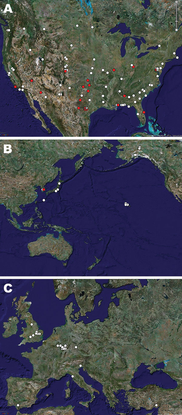 Locations of military sites that received US Air Force basic military training graduates for secondary training in North America (A), the Pacific region (B), and Europe and the Middle East (C). Red indicates locations that submitted specimens as part of adenovirus surveillance. Star in panel A indicates Lackland Air Force Base, Texas, USA. Maps generated by using TerraMetrics (www.terrametrics.com).