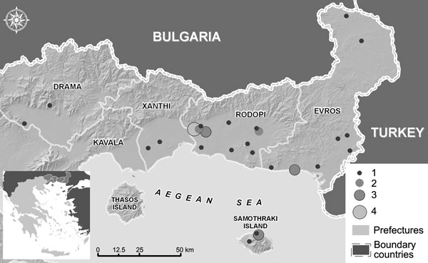 Five prefectures in northeastern Greece (inset), showing locations of persons who were immunoglobulin G–positive for Crimean-Congo hemorrhagic fever virus (solid circles), 2008–2009. Size of circle indicates number of persons with positive test results in each location.