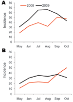 Thumbnail of Incidence (per 1,000 population) of (A) upper respiratory tract infections (URTI) and (B) lower respiratory infections (LRTI) for Maela Temporary Shelter, Thailand, May–October 2008 and 2009. Passive surveillance data from Committee for the Coordination of Services for Displaced Persons in Thailand.