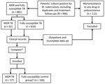 Thumbnail of Multistage cluster sampling method for a study of the molecular epidemiology of Mycobacterium tuberculosis, Buenos Aires, Argentina, June 1, 2006–April 30, 2007. *Complete, having all but one of the following data: name, gender, date of birth or age, tuberculosis (TB) presentation, &gt;1 sign or symptom describing the presentation and treatment received. †Unmatched controls. MDR, multidrug-resistant.