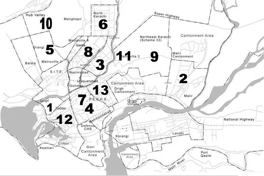 Map of Karachi, Pakistan, showing districts where patients 1–13 resided. Dotted-dashed lines indicate town boundaries; gray shading indicates drainage channels.