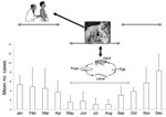 Thumbnail of Explanation of cat scratch disease seasonality by seasonality of the birth of cats and the activity of their fleas, France, 1999–2009. Error bars indicate 95% confidence intervals.