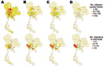 Thumbnail of Distribution of highly pathogenic avian influenza (HPAI) subtype H5N1 infections in poultry flocks (top) and wild birds (bottom), Thailand. A) 2004, B) 2005, C) 2006, and D) 2007.