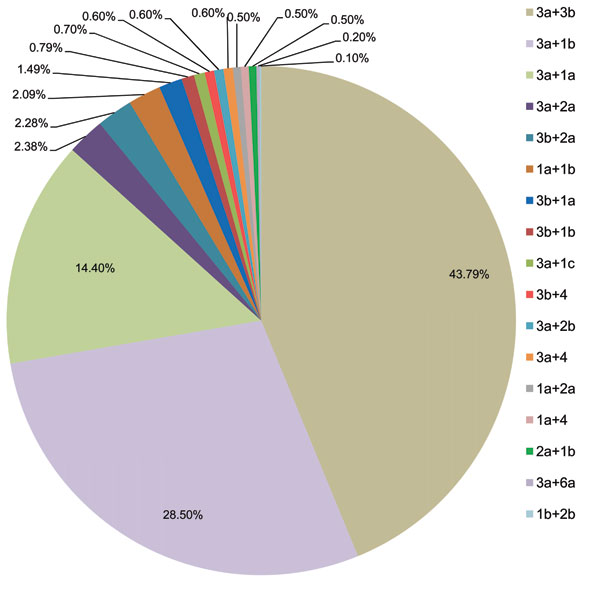 Frequency of mixed genotype infections with hepatitis C virus in 1,007 patients, Pakistan, March 2000–May 2010.