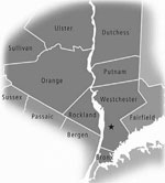 Thumbnail of Map of the Lower Hudson Valley of New York, USA. Westchester, Putnam, and Dutchess Counties are east of the Hudson River, and Orange, Rockland, Ulster and Sullivan Counties are west of the Hudson River. The star indicates the site of the Westchester Medical Center. Permission for use of this image granted from the Westchester Institute for Human Development on July 23, 2010.