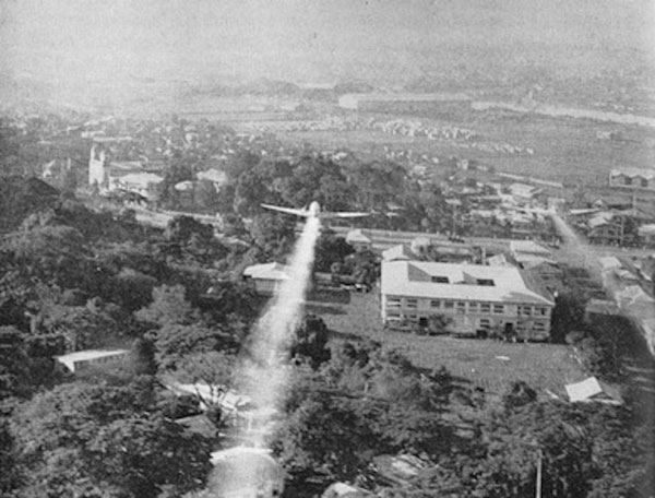 Airplane spraying of DDT over Manila, the Philippines, 1945.