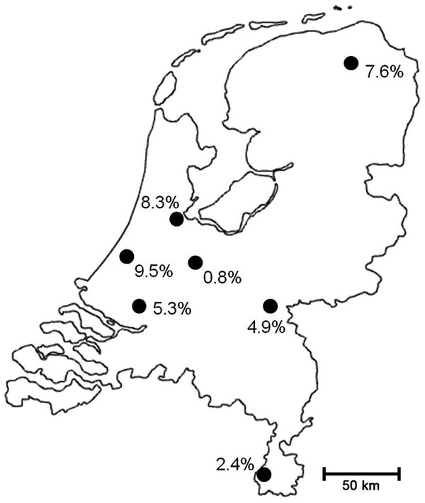 Prevalence (%) of azole-resistant Aspergillus fumigatus infections in university medical centers, the Netherlands, 2007–2009.