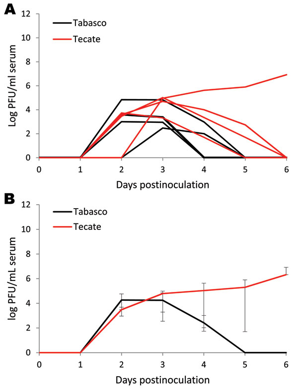 Viremia profile for clay-colored thrush experimentally inoculated with Tabasco or Tecate strains of West Nile virus. Virus titers are plotted on a logarithmic scale. A) Individuals birds; B) group means. Error bars represent ranges of observed titers.