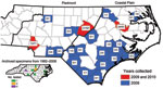 Thumbnail of Distribution of Rickettsia parkeri–infected Amblyomma maculatum ticks collected in North Carolina, USA, during 2009−2010 and in archived specimens (inset). Numbers indicate total number positive for R. parkeri by PCR/total number tested in that county.