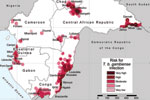 Thumbnail of Lambert azimuthal equal-area projection (www.quadibloc.com/maps/maz0204.htm) of risk for infection with Trypanosoma brucei gambiense, central Africa, 2000–2009.