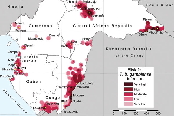 Lambert azimuthal equal-area projection (www.quadibloc.com/maps/maz0204.htm) of risk for infection with Trypanosoma brucei gambiense, central Africa, 2000–2009.