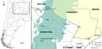 Thumbnail of Incidence of visceral leishmaniasis (VL) in northern Argentina. Map at left indicates location of study area (right). Circle indicates location of farm where the patient (44-year-old man) in this study worked. Light green area indicates dry Chaco region, where VL is endemic and human cases have been found.