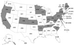 Thumbnail of Geographic distribution of oseltamivir-resistant pandemic (H1N1) 2009 viruses in the United States, October 1, 2010–July 31, 2011. Numerators are number of oseltamivir-resistant viruses identified by state public health laboratories; denominators are number of pandemic (H1N1) 2009–positive specimens submitted by each state for susceptibility testing. Gray shading indicates states that had &gt;1 infection with oseltamivir-resistant virus.