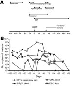 Thumbnail of Timeline of clinical and virologic features for a 12-year-old immunocompromised child, before and after HSCT, Germany, 2009. A) Main clinical events and therapeutic measures. B) Viral DNA load measured by real-time PCR. CSA, cyclosporin A; HSCT, hematopoietic stem cell transplant; KIPyV, KI polyomavirus; BKPyV, BK polyomavirus; CMV, cytomegalovirus; EBV, Epstein-Barr virus.