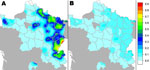 Thumbnail of Model-predicted prevalence (A) and standard error (B) of Echinococcus multilocularis in foxes, France, 2005–2010. 1 = 100%. 