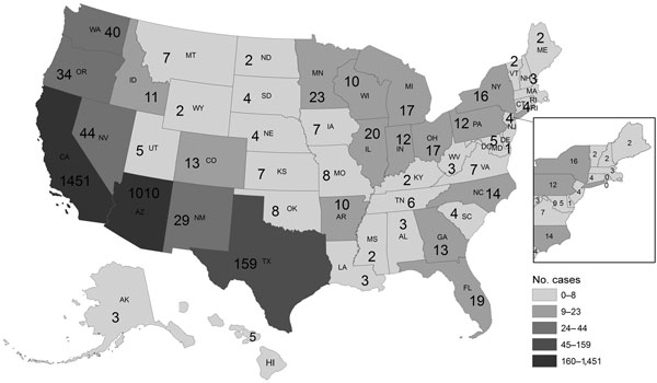 Number of coccidioidomycosis-associated deaths and age-adjusted rates per 1 million persons in the United States, 1990–2008.