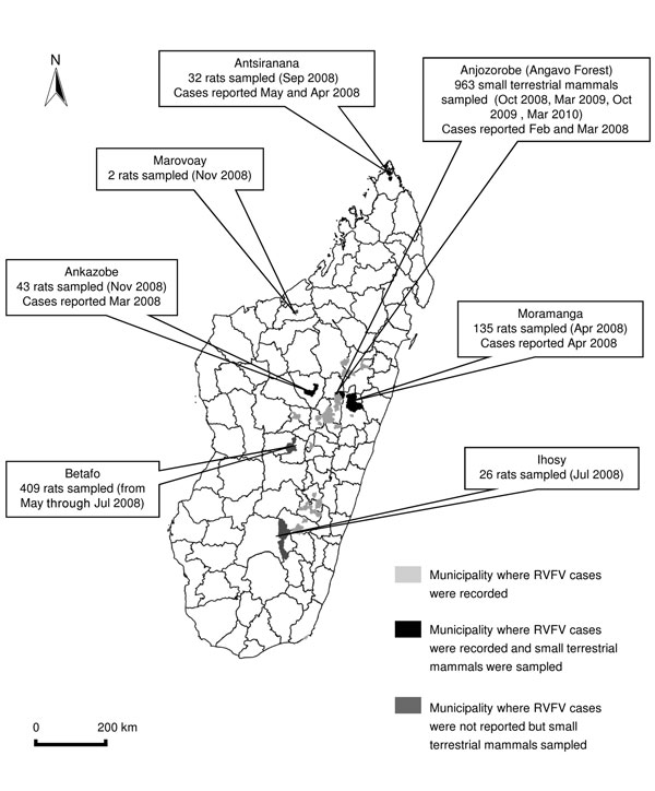 Collection sites of wild terrestrial small mammals on Madagascar and the number of mammals tested for Rift Valle fever virus (RVFV). At certain localities, the genus and species of sampled rats were Rattus rattus or R. norvegicus. 