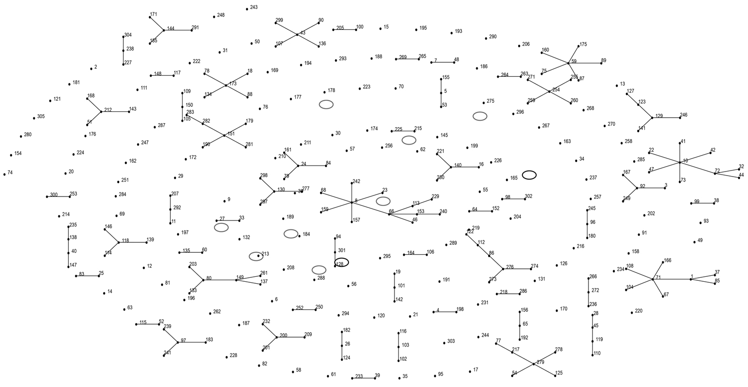 eBURST diagram (http://eburst.mlst.net) of all multilocus sequence typing (MLST) sequence types (STs) for Streptococcus equi subspecies zooepidemicus and S. equi subsp. equi recorded in the PubMLST database (http://pubmlst.org/szooepidemicus) (February 7, 2013). Single-locus variants (SLVs) are connected by a solid line. Black circles indicate strains isolated in this study from human cases and 1 horse (ST-10: Hum1, horse isolate 648/11, and Hum2; ST-209: Hum3 isolate). Gray circles indicate str