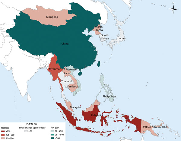 Annual change in forest area by country, 2005–2010. Source: Food and Agriculture Organization of the United Nations Global Forest Resources Assessment 2010 (www.fao.org/forestry/fra/fra2010/en/).