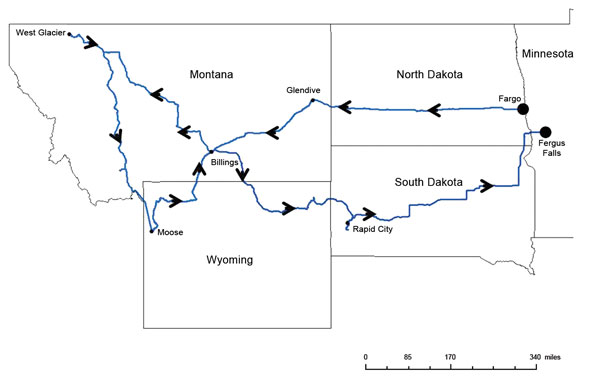 Route traveled by anthrax case-patient in the United States, July 11, 2011 to August 2, 2011.