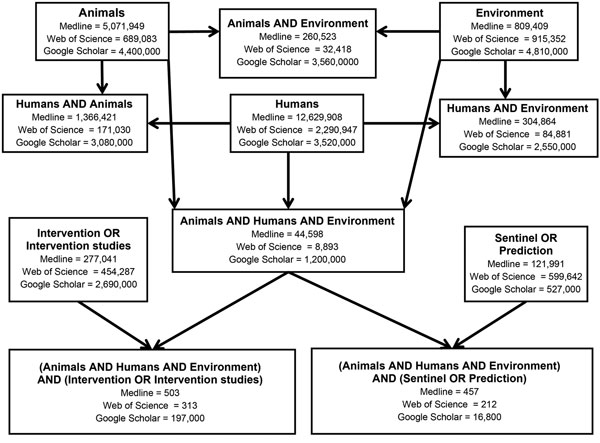 Results of literature search for evidence associated with integration of human, animal, and environmental health.