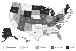 Thumbnail of Total number and annual rate of reported acute gastroenteritis outbreaks per 1 million population by reporting state, National Outbreak Reporting System, United States, 2009–2010. The number given in each state indicates the total number of outbreaks over the 2-year study period; the shading denoted by the legend indicates the reporting rate by quartiles. Multistate outbreaks (n = 48) and those reported by Puerto Rico (n = 15) and the District of Columbia (n = 24) are not shown.