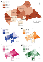 Thumbnail of Spatial pattern of mean timeliness (delay between date of onset of jaundice reported by the patient and date of an ELISA result for A) detection of yellow fever, B) mean time for blood sample collection, C) mean time for field storage of samples, D) mean time for transportation of samples, and E)  mean time for testing of samples, by region, Central African Republic, 2007–2012. 