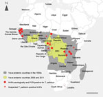 Thumbnail of Geographic proximity between human yaws and endemic syphilis, as estimated by the World Health Organization, and locations in which treponemal infection has been identified in nonhuman primates (NHPs), Africa, 1990s. Red dots indicate infection in NHPs confirmed by sensitive and specific treponemal serologic tests (TPI/FTA-ABS/MHA-TP [Treponema-pallidum-immobilization reaction/fluorescence-Treponema-antibody-absorption test/Treponema pallidum microhemagglutination assay]) and, in so