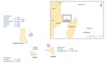 Thumbnail of Microagglutination test results, showing serologic evidence of leptospirosis in humans, Union of the Comoros, 2011. The percentage of positive cases is shown for each island; the number below the percentage indicates the number of positive serum samples/total number tested. The serogroups identified on each island are shown; numbers represent the number of positive serum samples and, in parentheses, the number of corresponding titers. When agglutination was observed with &gt;1 serog