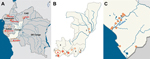 Thumbnail of Buruli ulcer–endemic areas in the Republic of the Congo (RC) and neighboring countries. A) Buruli ulcer cases have been reported in all countries neighboring RC. CAR, Central African Republic; DR Congo, Democratic Republic of the Congo. B) RC (representing the white area in panel A). The numbers indicate the 7 departments or communes (of 12 total) where PCR-positive cases of Buruli ulcer disease were diagnosed. 1, Kouilou Department; 2 Pointe Noire Commune; 3, Niari Department; 4, B