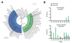 Thumbnail of Characterization of norovirus detected in stool samples and levels of local IgA responses for each infection. A) Phylogenetic tree of the major capsid protein (VP1) region from representative norovirus strains from each of the 22 genotypes within strain GII. Representative strains from each GII.4 and GII.6 cluster were compared with the strains reported in this article (boxed). For each strain, the name/year/country of isolation are shown. B) Levels of IgA in feces collected during 