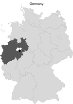 Thumbnail of Area of Germany where hares were hunted on November 2, 2012. Rüthen-Meiste (black star; latitude: 51.512890, longitude: 8.487493, altitude: 380 m), Soest district (white) of the federal state of North Rhine-Westphalia (dark gray).