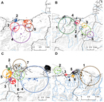 Thumbnail of Space-time clusters of cholera in 4 communities in Haiti, 2011. A) Grand Goave, winter;  B) Grand Goave, summer; C) Leogane, summer; and D) Petit Goave, summer. Stars represent primary cluster centers and triangles, secondary cluster centers. Dots represent approximate locations of households within clusters. Clusters are numbered sequentially by order of date of occurrence.