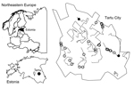 Thumbnail of Location of Tartu in northeastern Europe, Estonia, and red fox feces sampling area in Tartu. The Tartu City boundary is indicated by a solid black line, survey transects are indicated by dashed lines, and fox fecal samples (n = 28) are indicated by circles. Filled circles (n = 2) indicate samples positive for Echinococcus multilocularis tapeworms.