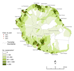 Thumbnail of Locations of murine typhus cases, Reunion, France, January 2011–January 2013.