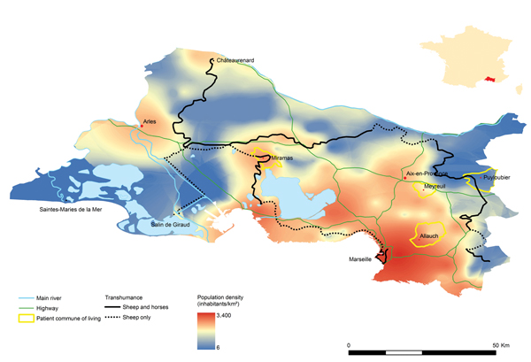 Map of la Transhumance routes and locations of Oestrus ovis ophthalmomyiasis case-patients in areas surrounding Marseilles, France, 2013. Inset shows location of the area in France.