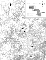 Thumbnail of Location of study areas within the metropolitan area of Chicago, Illinois, USA, showing treatment and control sites. Insert indicates location of metropolitan Chicago counties where baits were placed.