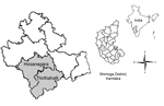 Thumbnail of Map of Shimoga District, Karnataka State, India, showing the location of Thirthahalli and Hosanagara Taluks, which were affected by an outbreak of Kyasanur Forest disease virus during December 31, 2013–April 7, 2014, and other taluks within the state. The smaller inset maps show, respectively, the location of Shimoga District within Karnataka State and the location of Karnataka State within India.