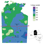 Thumbnail of Rainfall in the Northern Territory of Australia during August 1, 2010–July 31, 2011. Rainfall is expressed as percentages of historical mean; the lowest rainfall total was 100% of mean. Cities and towns are indicated by black dots; locations of 6 persons with melioidosis in central Australia are indicated by red dots. Adapted from the National Climate Centre, Australian Bureau of Meteorology (http://www.bom.gov.au). Inset shows location of Northern Territory in Australia.