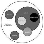 Thumbnail of Proposed classification for endemicity of fungal infections. This schematic depicts the range of endemicity of fungal infections and discards the notion of “nonendemic,” replacing it with “not known to be endemic,” accounting for new areas of infection acquisition. It also accounts for the variability in the intensity of endemicity and indicates that the presence of a fungus in the environment may be transient as the result of environmental influences.