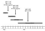 Thumbnail of Clinical course and laboratory results (reverse transcription-PCR [RT-PCR]) for a patient with Zika virus (ZIKV) infection acquired from Malaysian Borneo.