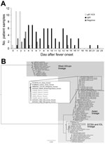 Thumbnail of A) Number of serum samples positive for chikungunya virus (CHIKV) by reverse transcription quantitative PCR (qRT-PCR), for CHIKV IgM by ELISA, and negative for CHIKV by both methods, arranged according to day after fever onset. B) Phylogenetic tree generated by Bayesian analysis showing the relationship of the complete genomic sequences of 5 chikungunya virus isolates from Mexico and representative sequences from the GenBank library. All nodes showed posterior probabilities of &gt;0