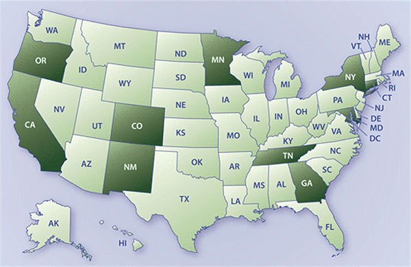 The Emerging Infections Program (EIP) and its key partnerships, United States. Dark shading indicates locations of EIP sites (year established are indicated in parentheses). Minnesota: Department of Health, St. Paul, and Association of Professionals in Health Control, St. Paul (1995); Oregon: Oregon Public Health Division, Portland, and Oregon Health Sciences University, Portland (1995); California: Department of Public Health, Sacramento, and University of California School of Public Health, Be